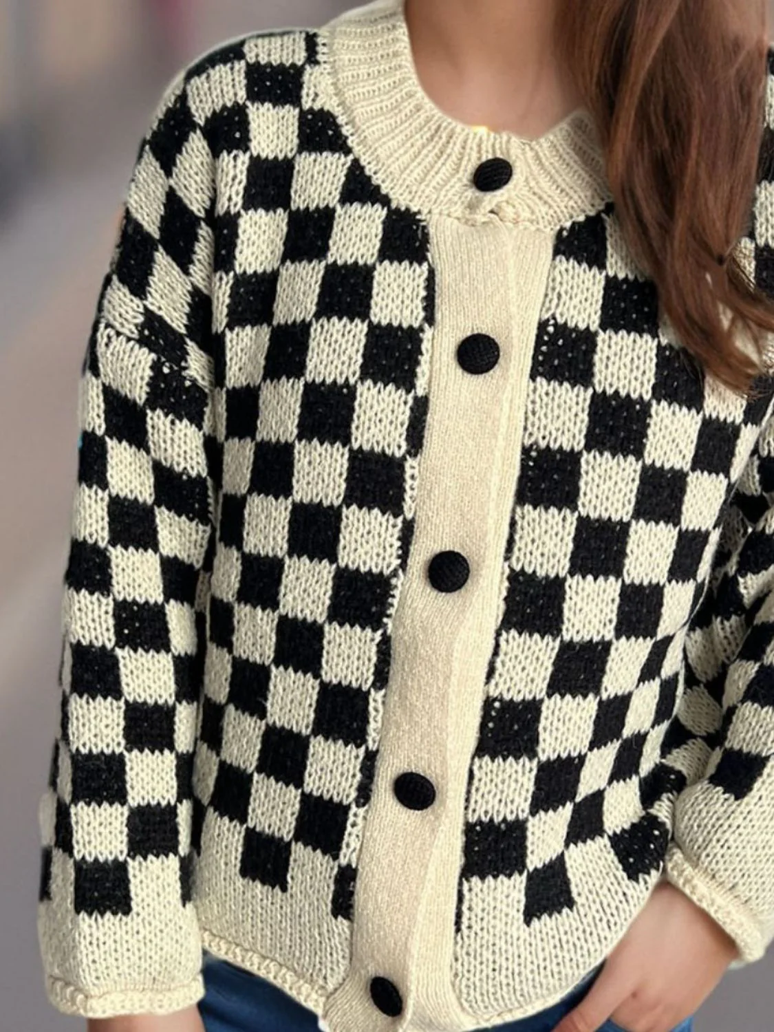 Checkered Button Up Round Neck Cardigan - Image 5
