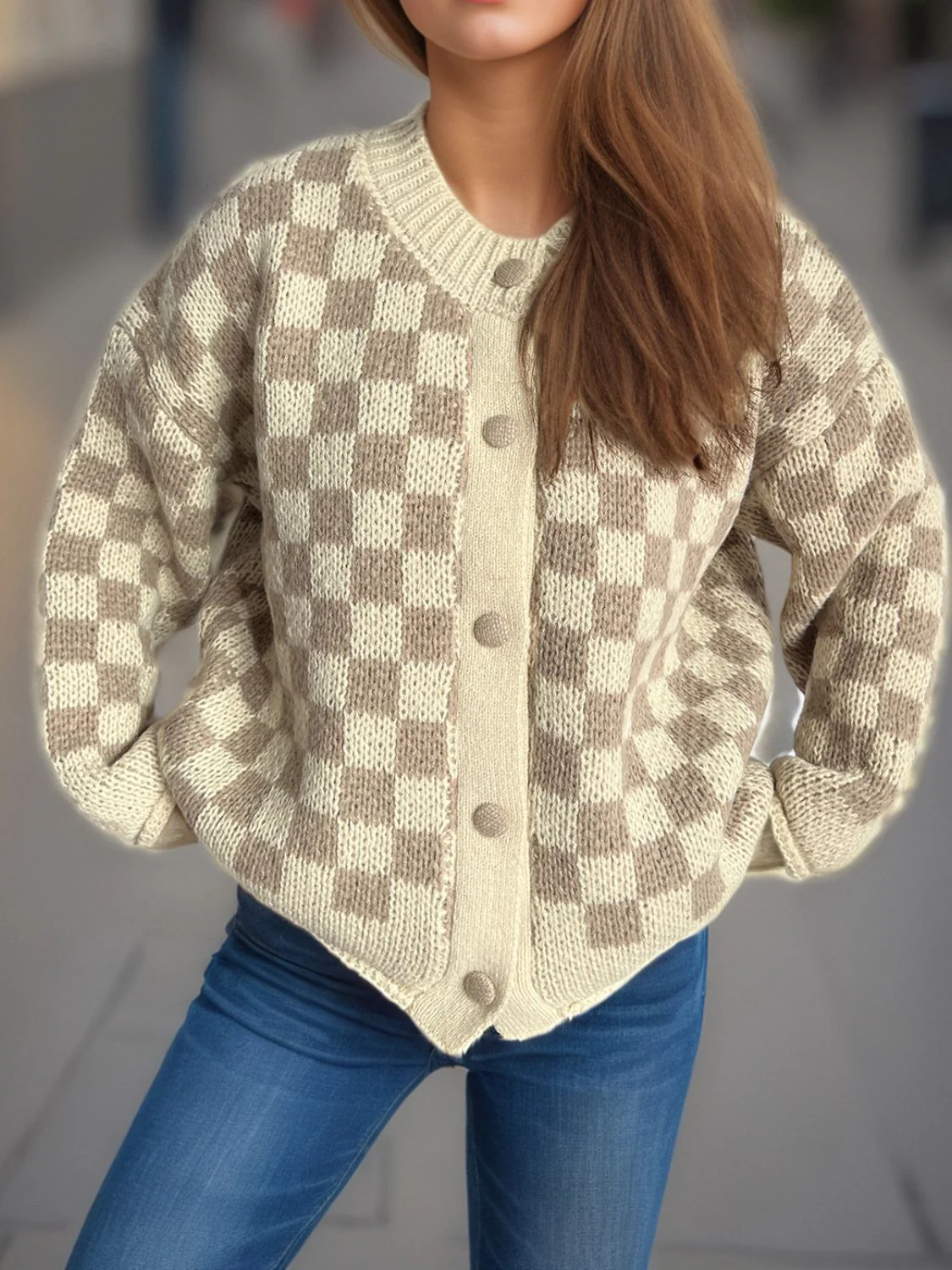 Checkered Button Up Round Neck Cardigan - Image 7