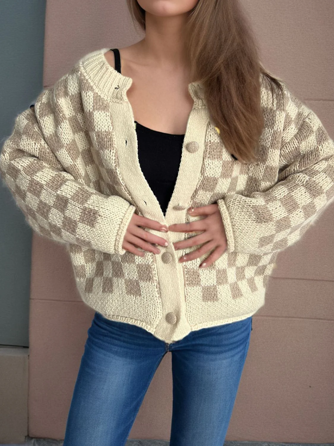 Checkered Button Up Round Neck Cardigan - Image 9