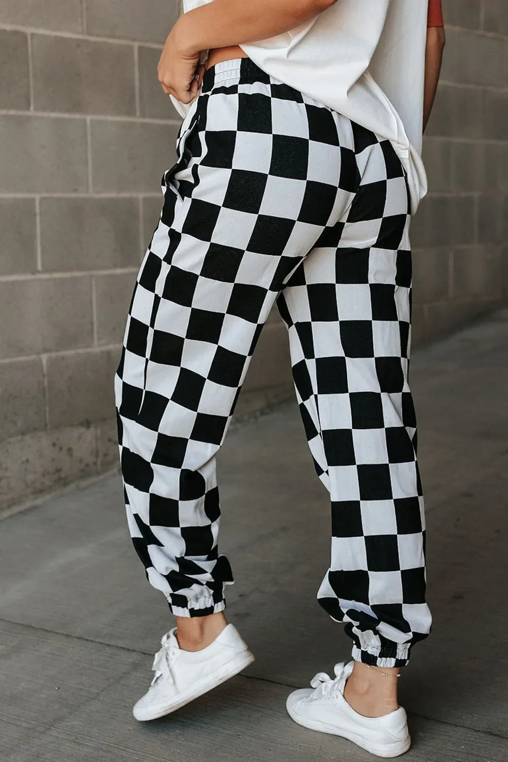 Checkered Elastic Waist Joggers - Image 2