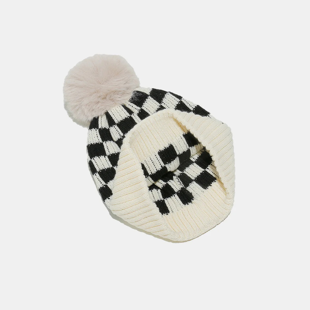 Checkered Knit Hat with Pompom - Image 3
