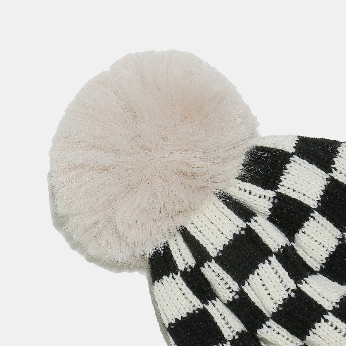 Checkered Knit Hat with Pompom - Image 4