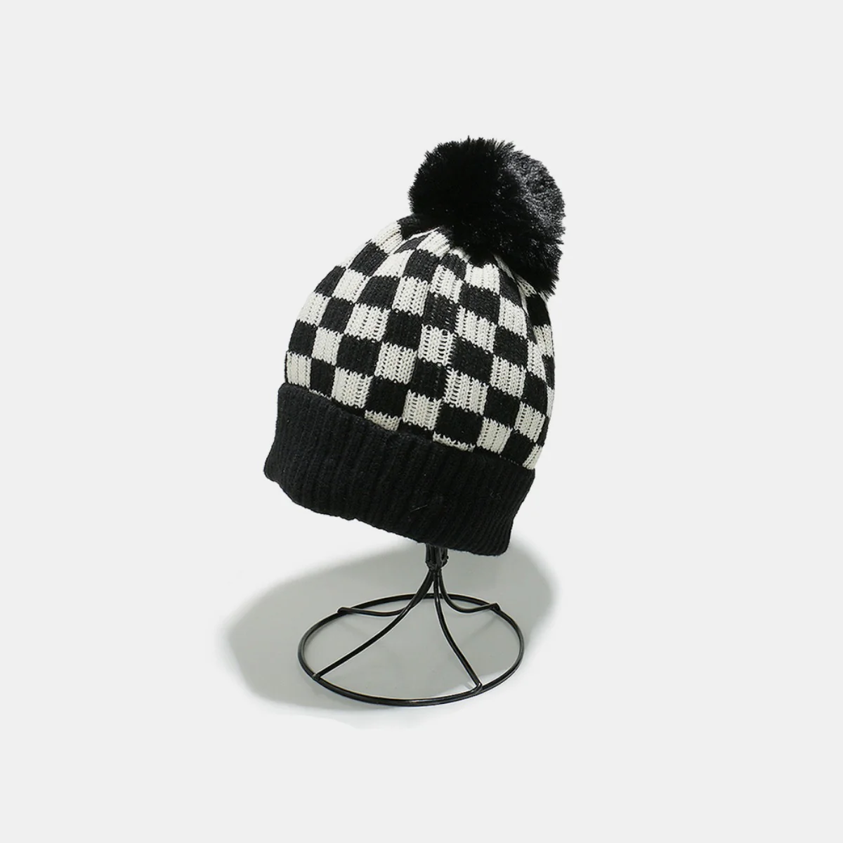 Checkered Knit Hat with Pompom - Image 5