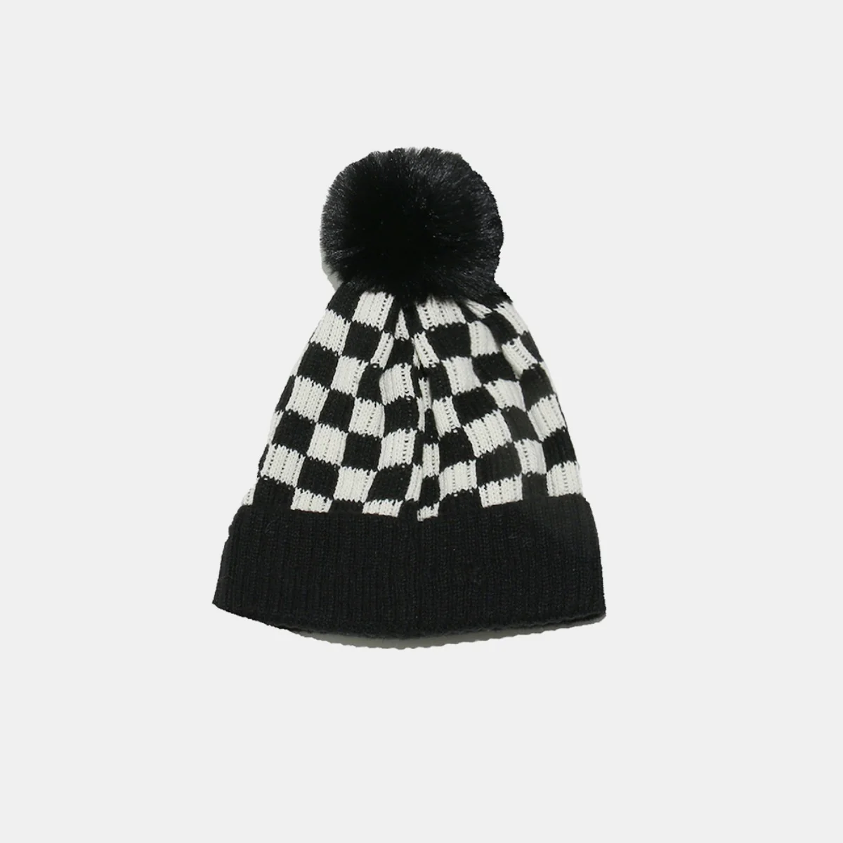 Checkered Knit Hat with Pompom - Image 6