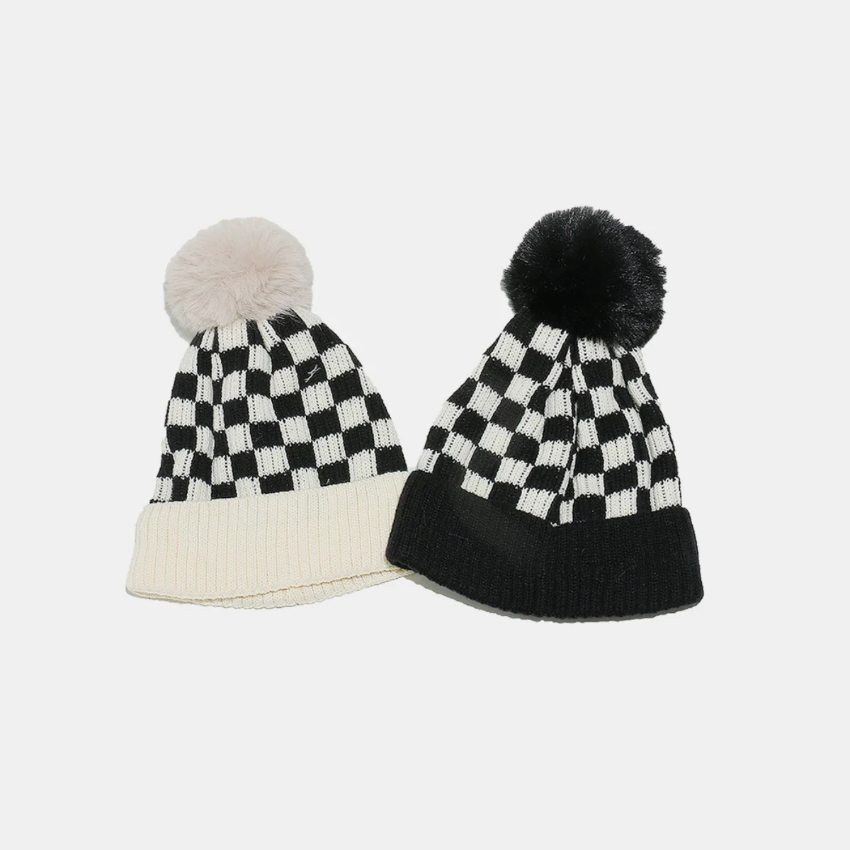 Checkered Knit Hat with Pompom - Image 7