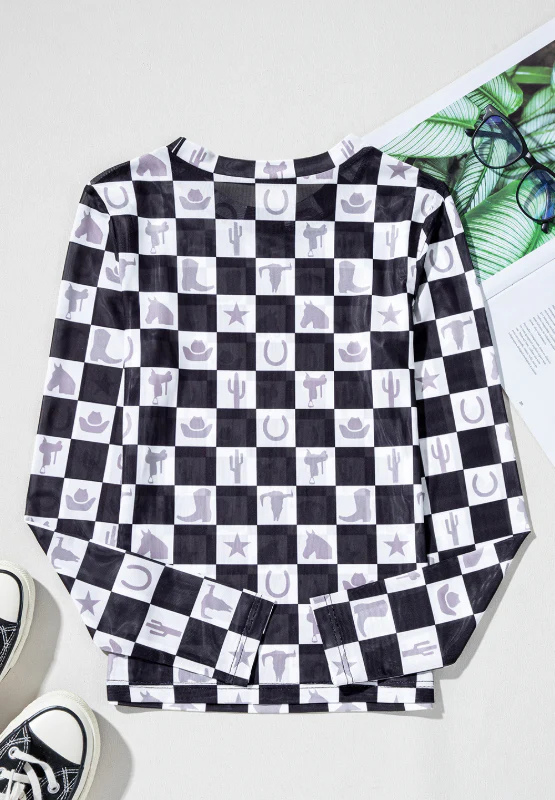 Checkered Mock Neck Long Sleeve Top - Image 5