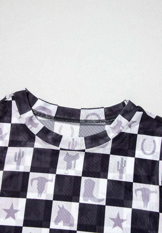 Checkered Mock Neck Long Sleeve Top - Image 6