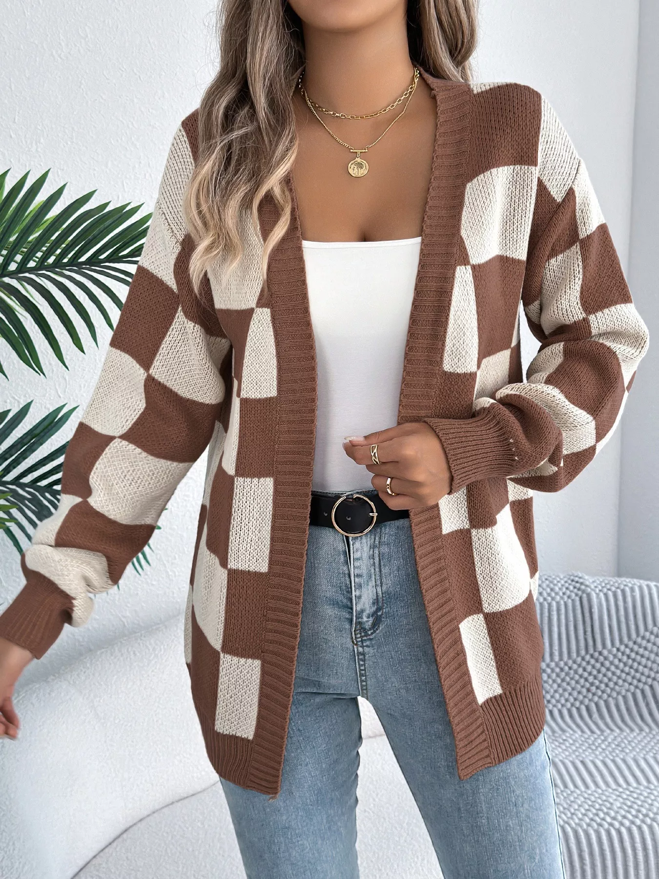 Checkered Pattern Open Front Cardigan - Image 10