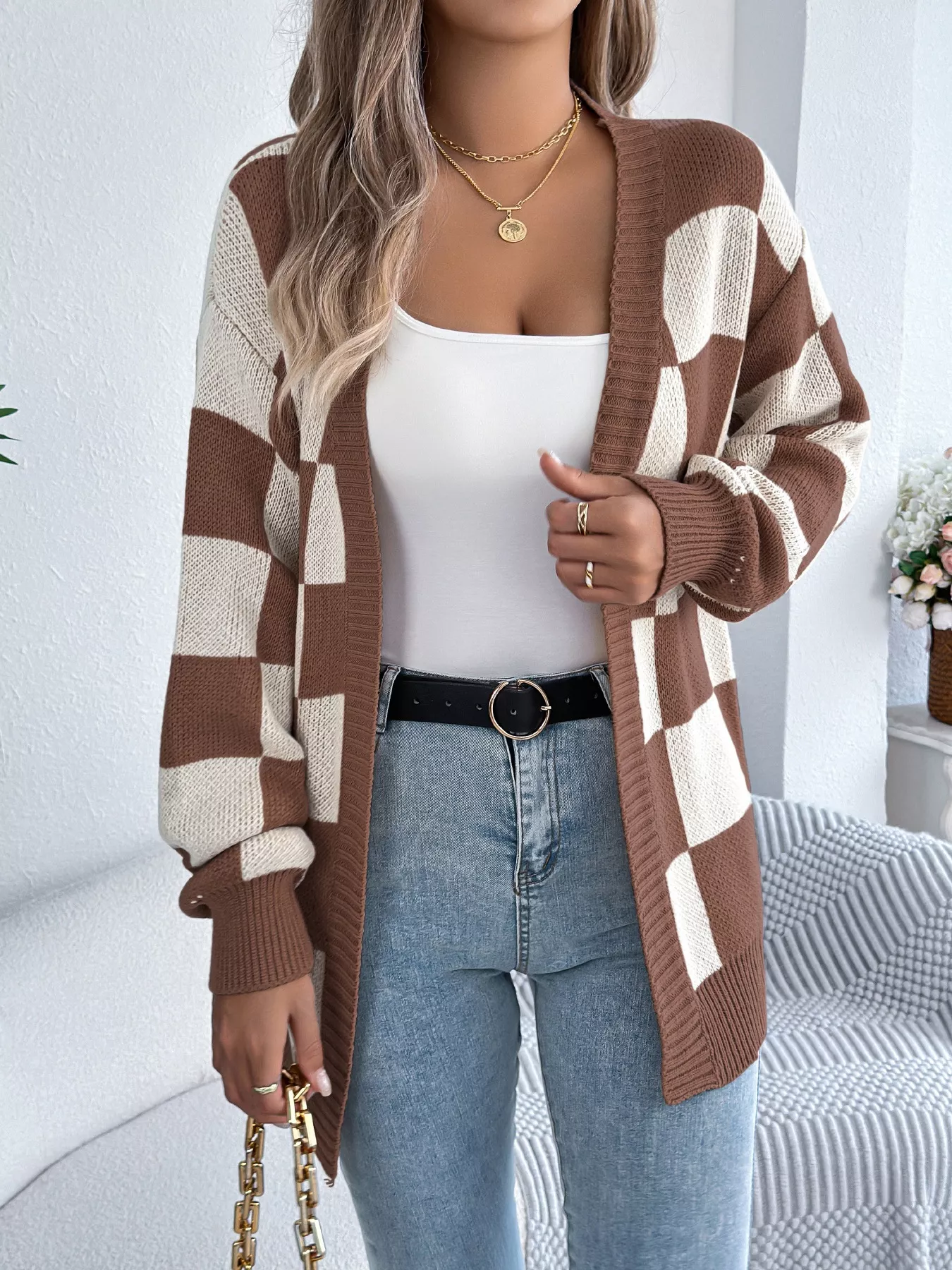 Checkered Pattern Open Front Cardigan - Image 11