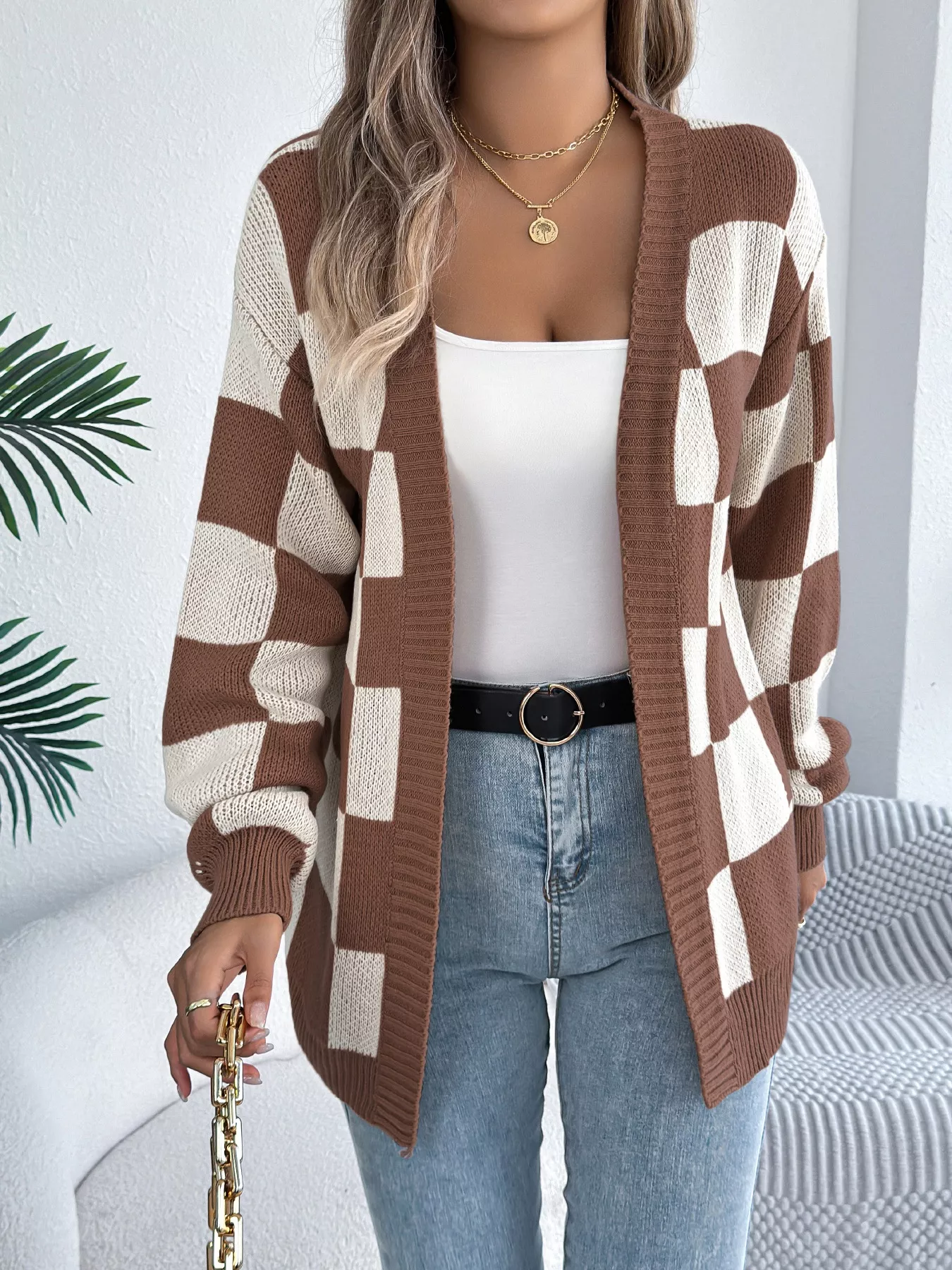 Checkered Pattern Open Front Cardigan - Image 12