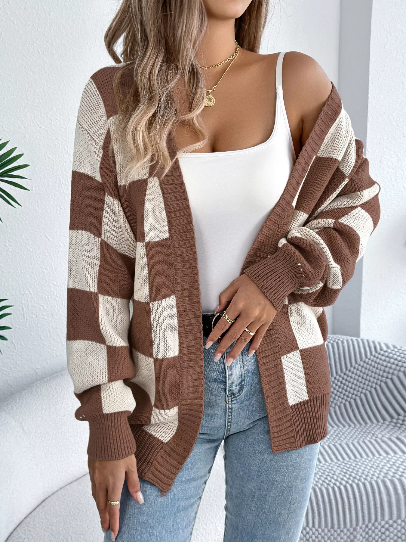 Checkered Pattern Open Front Cardigan - Image 13
