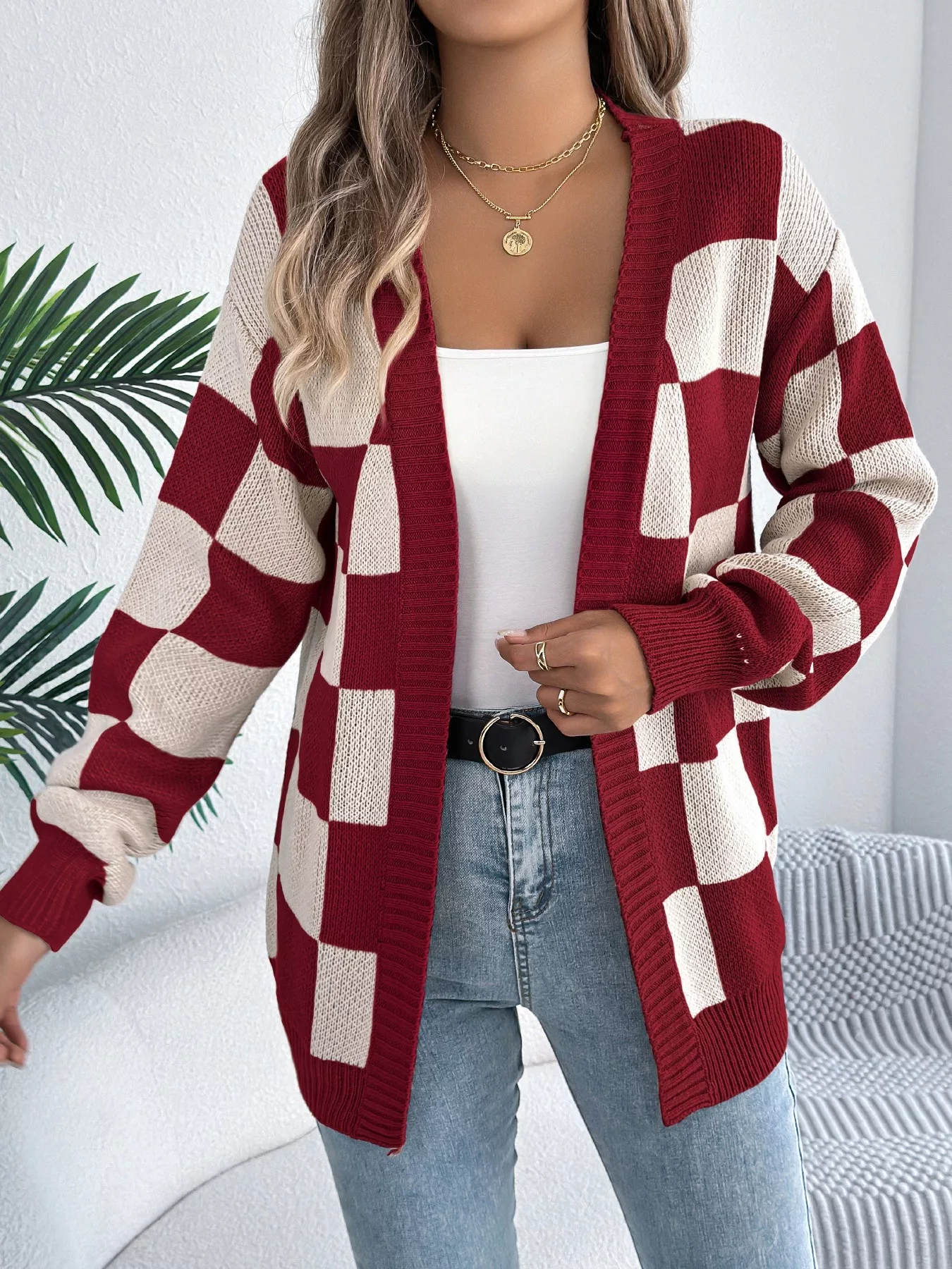 Checkered Pattern Open Front Cardigan - Image 2