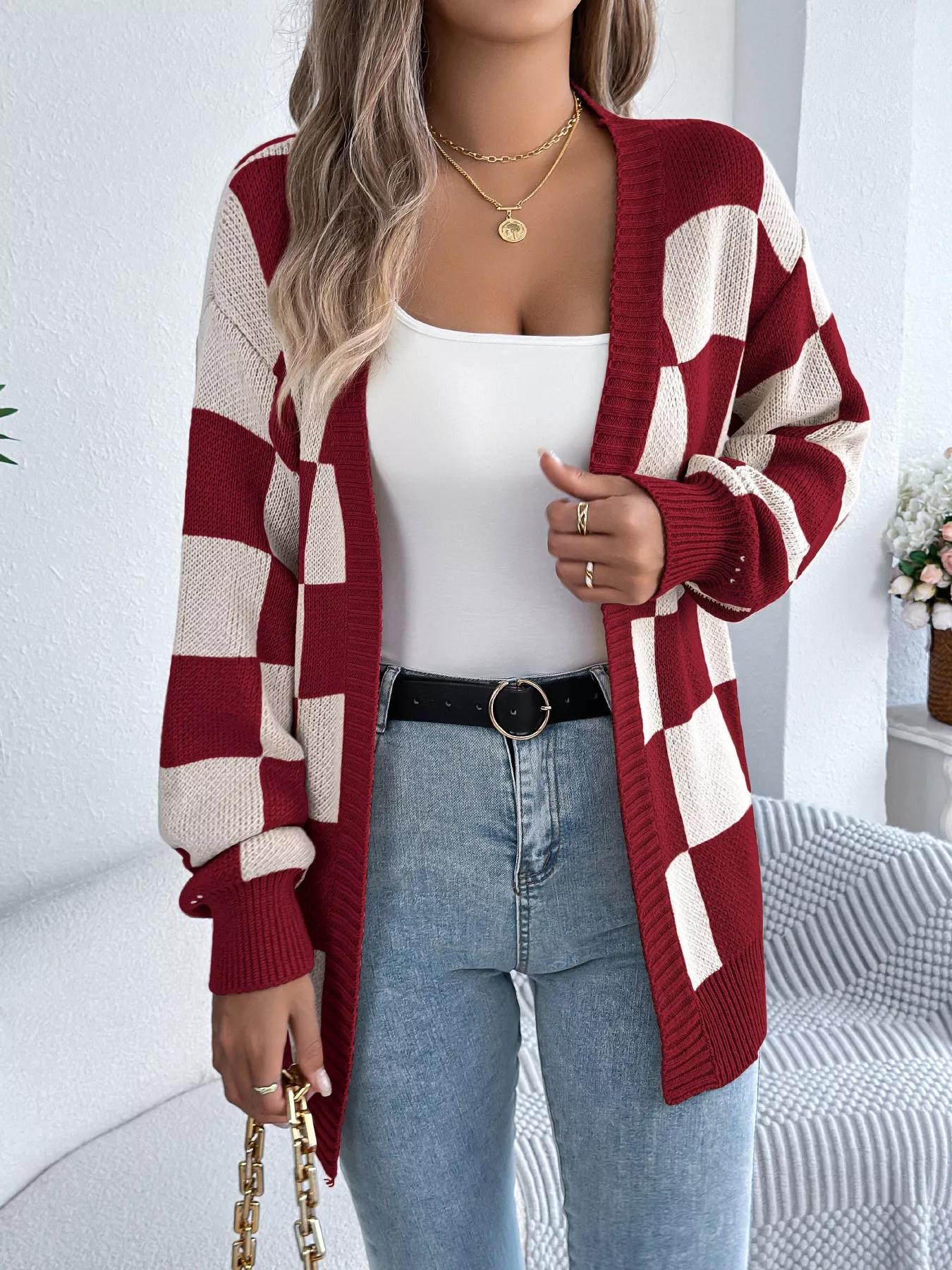 Checkered Pattern Open Front Cardigan - Image 3