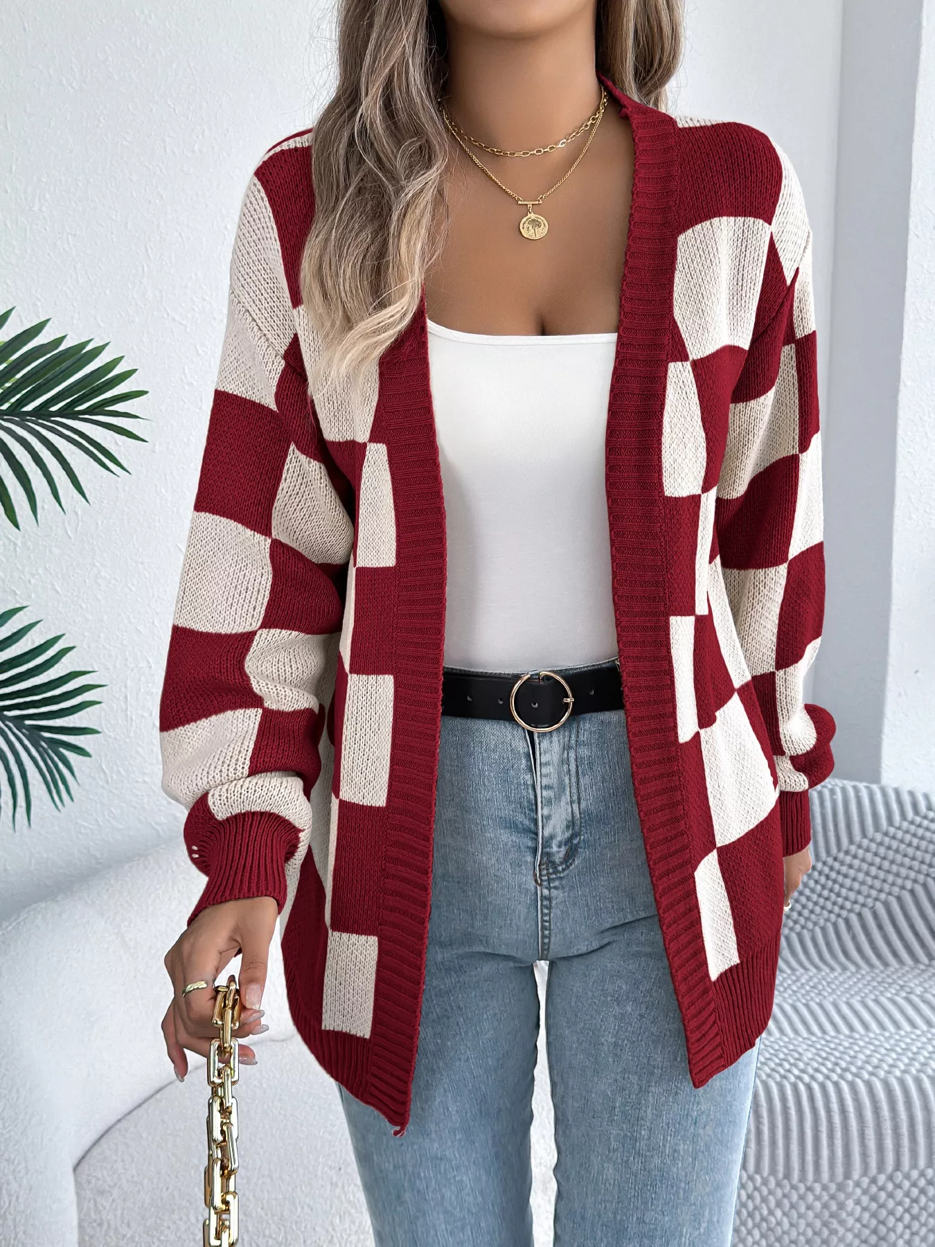 Checkered Pattern Open Front Cardigan - Image 4