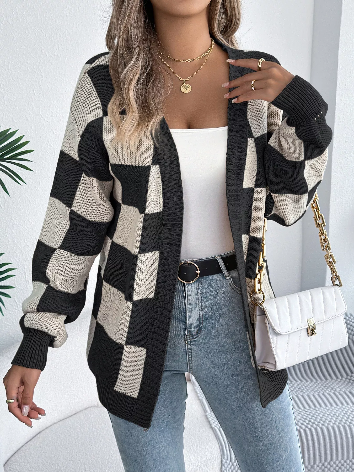 Checkered Pattern Open Front Cardigan - Image 5