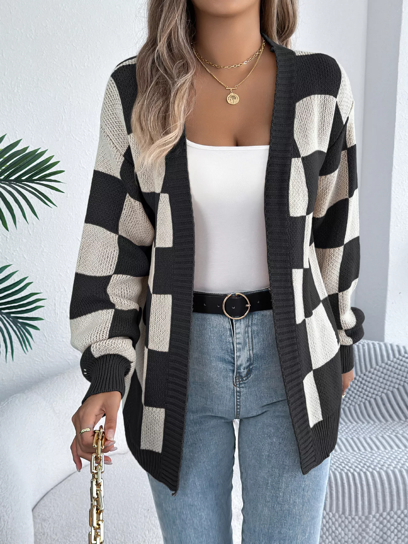 Checkered Pattern Open Front Cardigan - Image 7