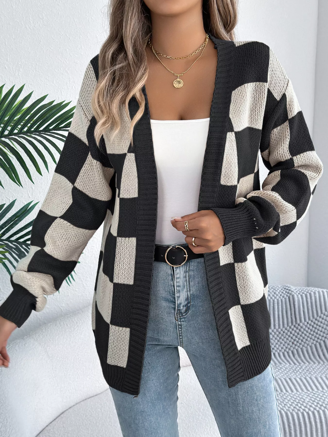 Checkered Pattern Open Front Cardigan - Image 8