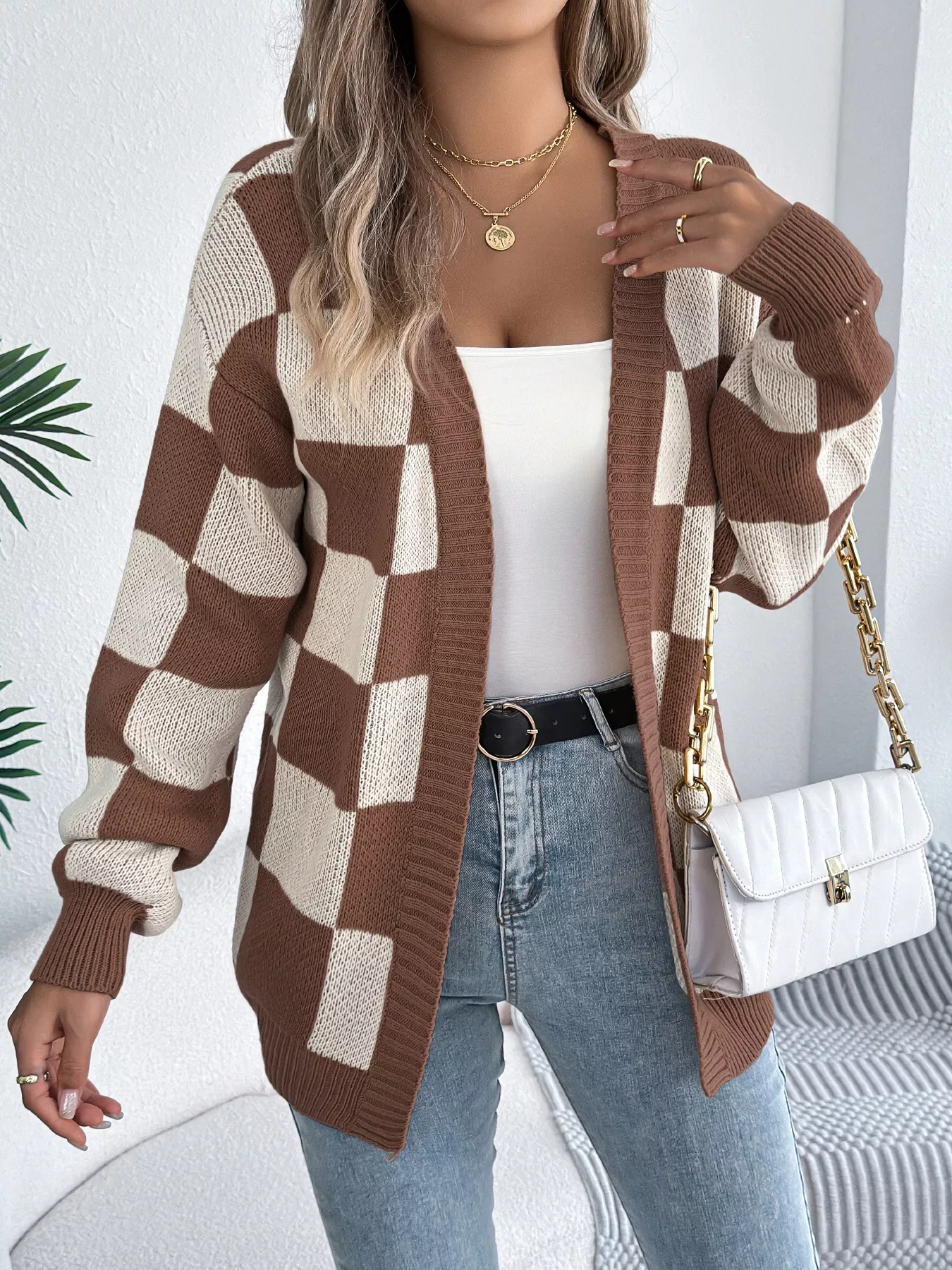 Checkered Pattern Open Front Cardigan - Image 9