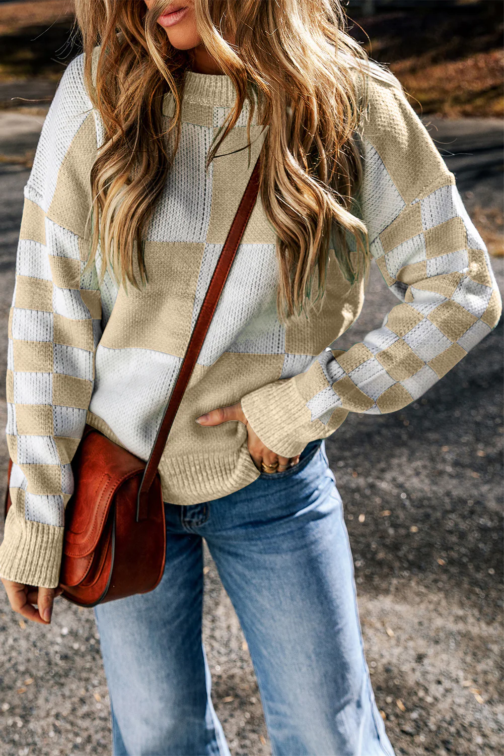 Checkered Round Neck Drop Shoulder Sweater - Image 10