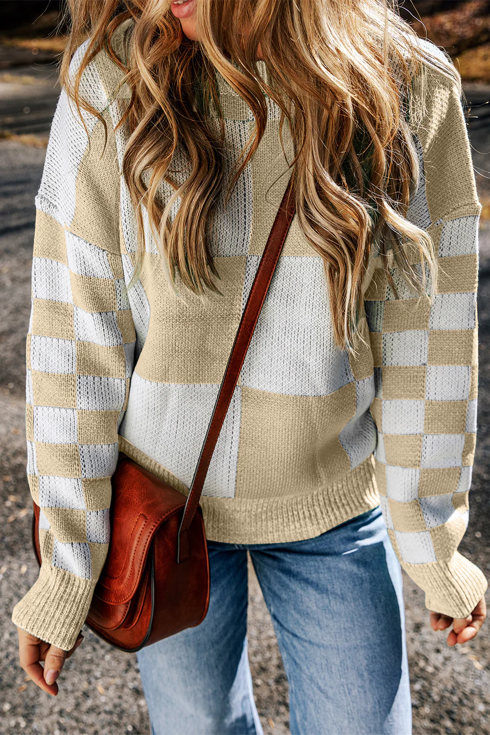 Checkered Round Neck Drop Shoulder Sweater - Image 11