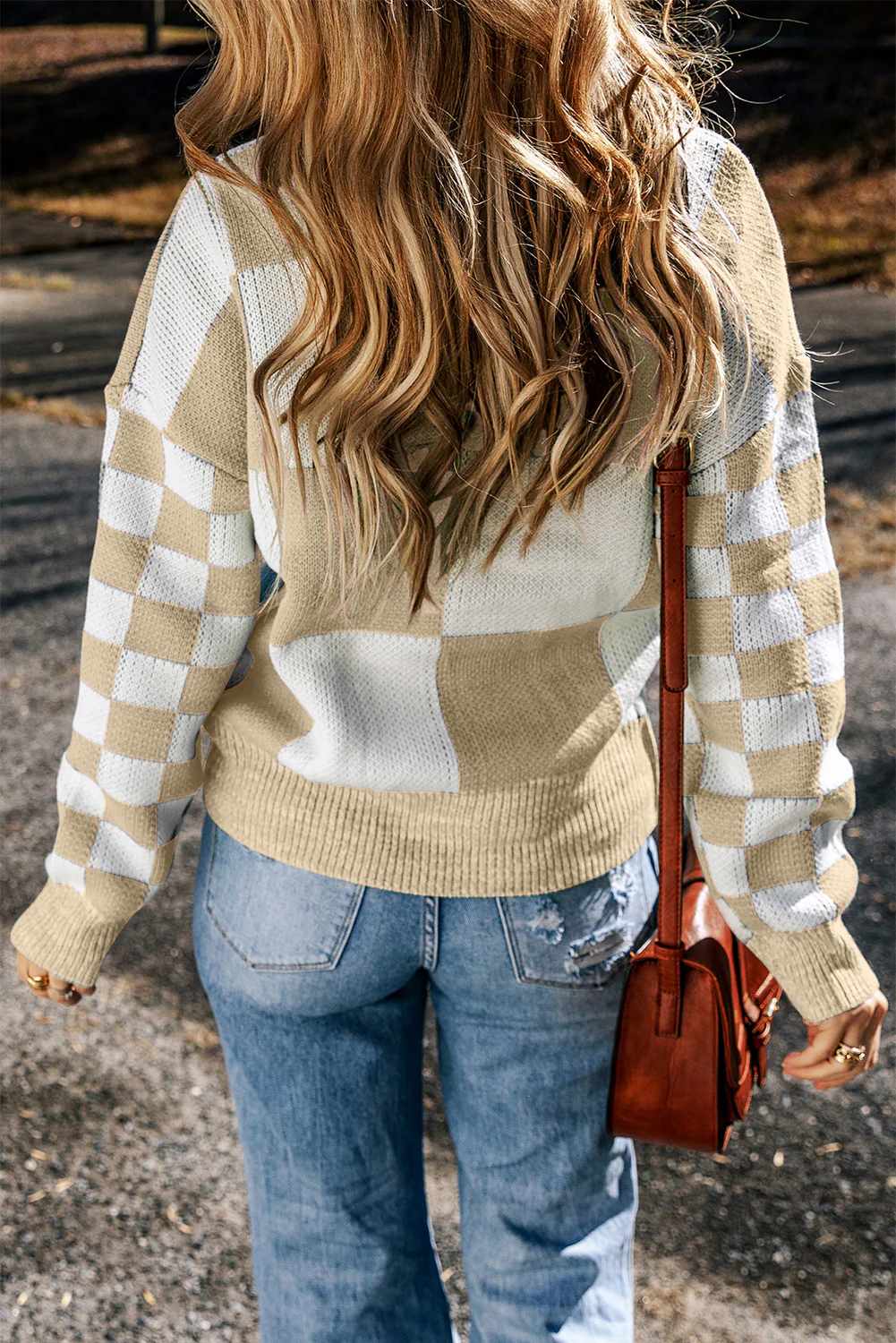 Checkered Round Neck Drop Shoulder Sweater - Image 12