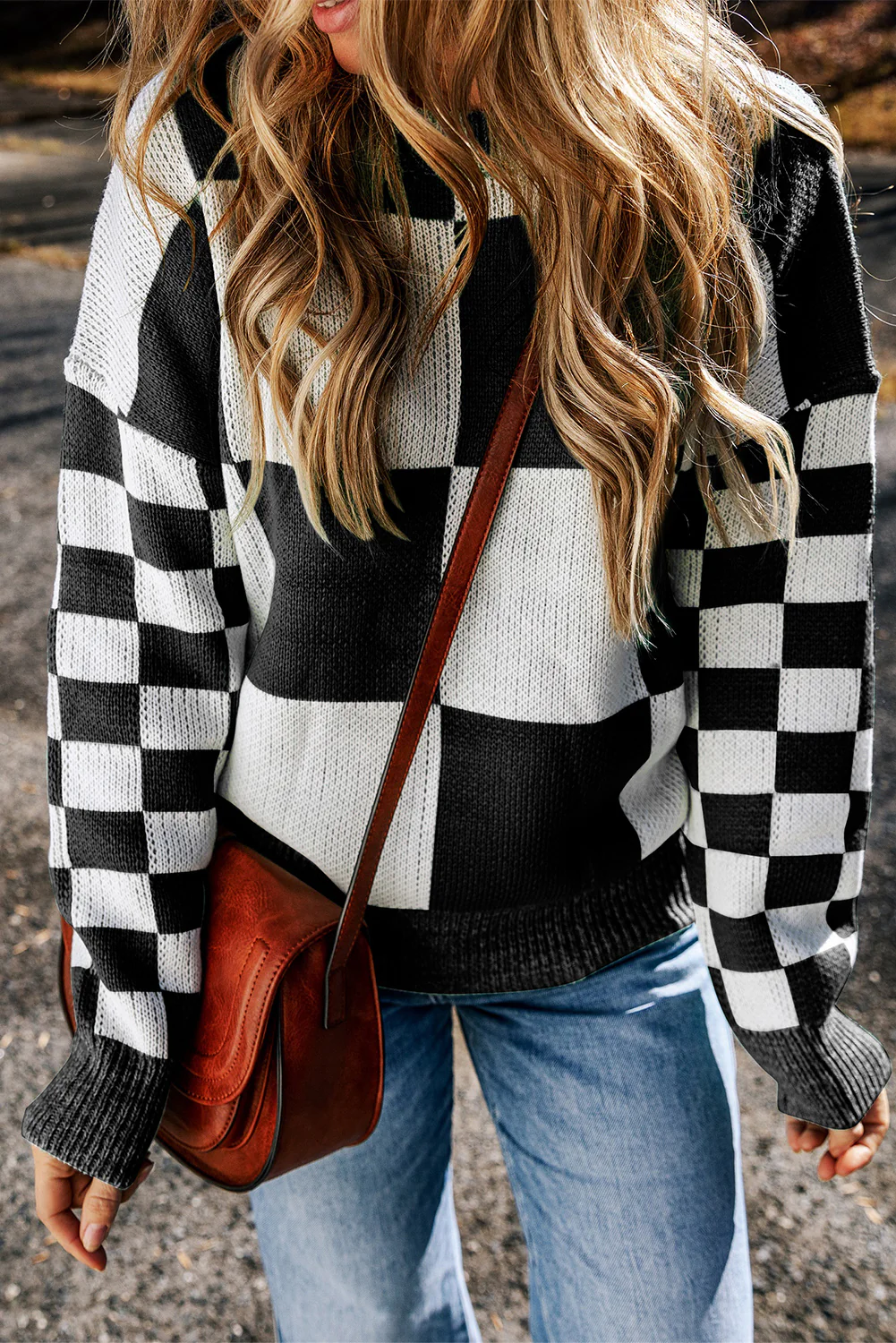 Checkered Round Neck Drop Shoulder Sweater - Image 18