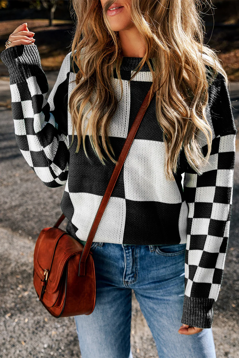 Checkered Round Neck Drop Shoulder Sweater - Image 19