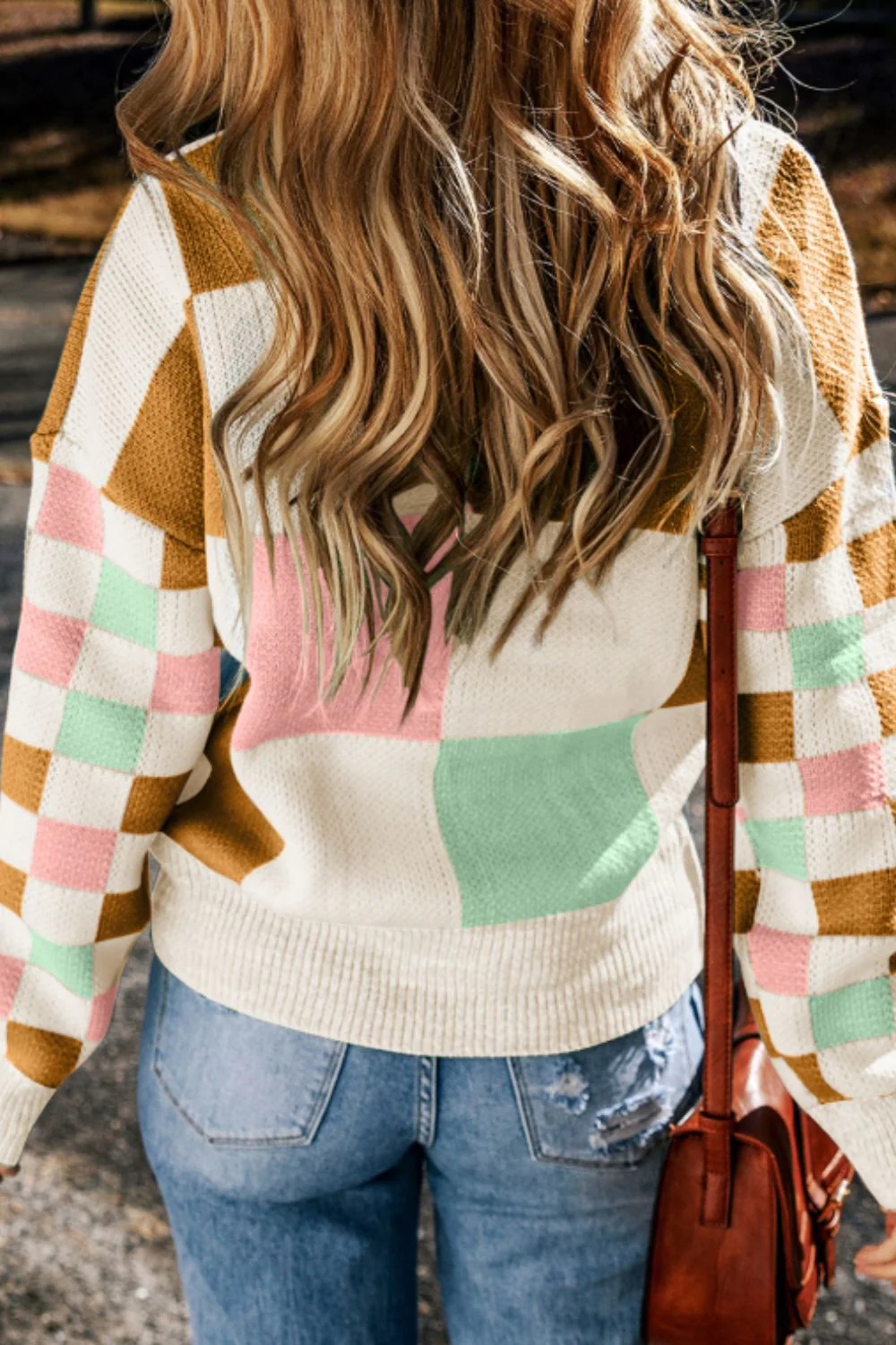 Checkered Round Neck Drop Shoulder Sweater - Image 2