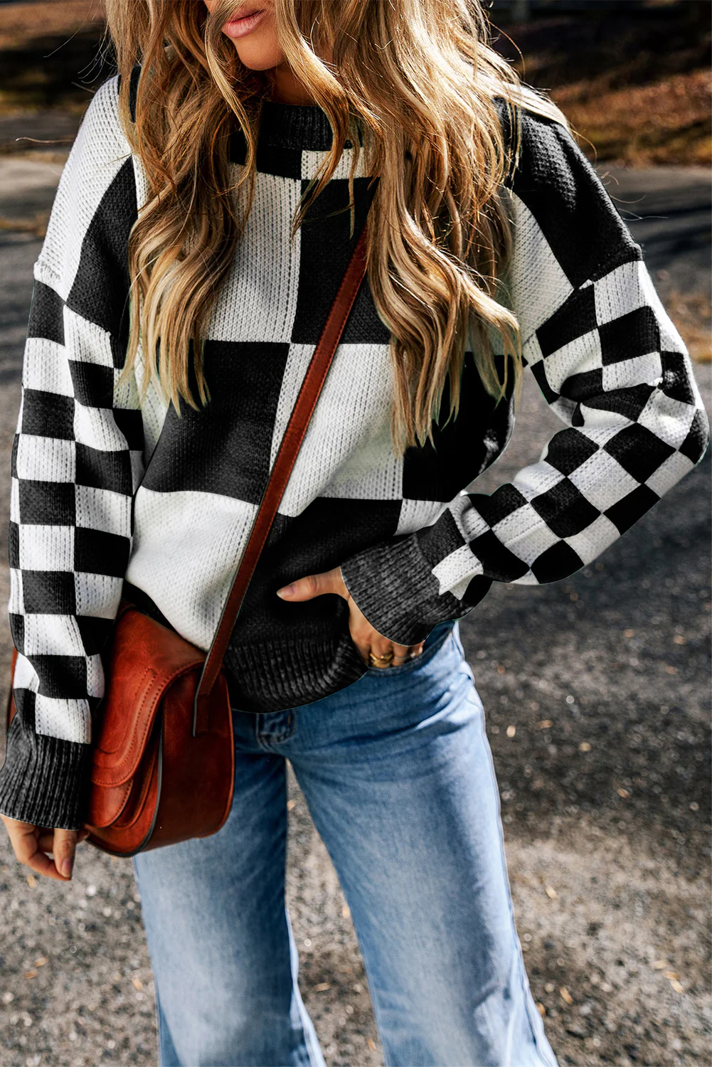 Checkered Round Neck Drop Shoulder Sweater - Image 21
