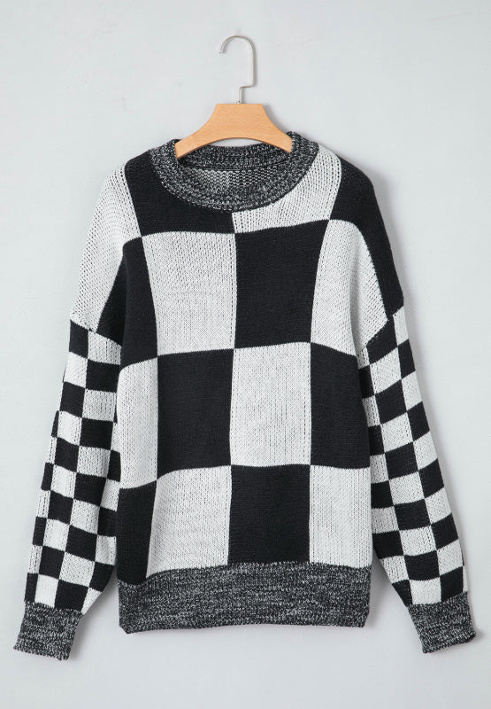 Checkered Round Neck Drop Shoulder Sweater - Image 22
