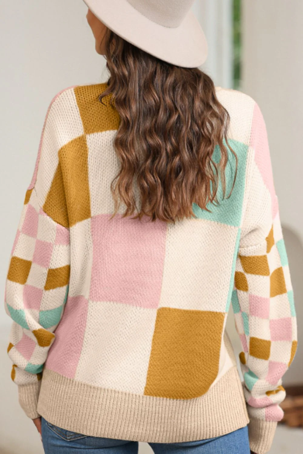 Checkered Round Neck Drop Shoulder Sweater - Image 4