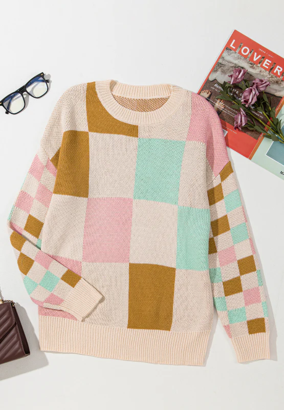 Checkered Round Neck Drop Shoulder Sweater - Image 5