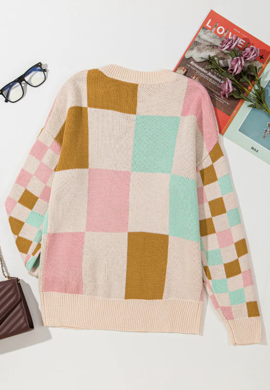 Checkered Round Neck Drop Shoulder Sweater - Image 6