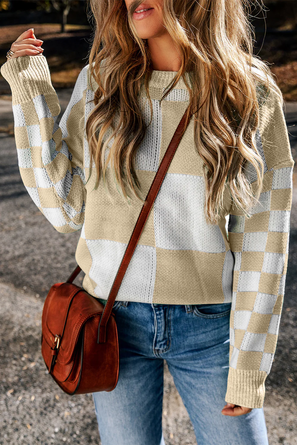 Checkered Round Neck Drop Shoulder Sweater - Image 9