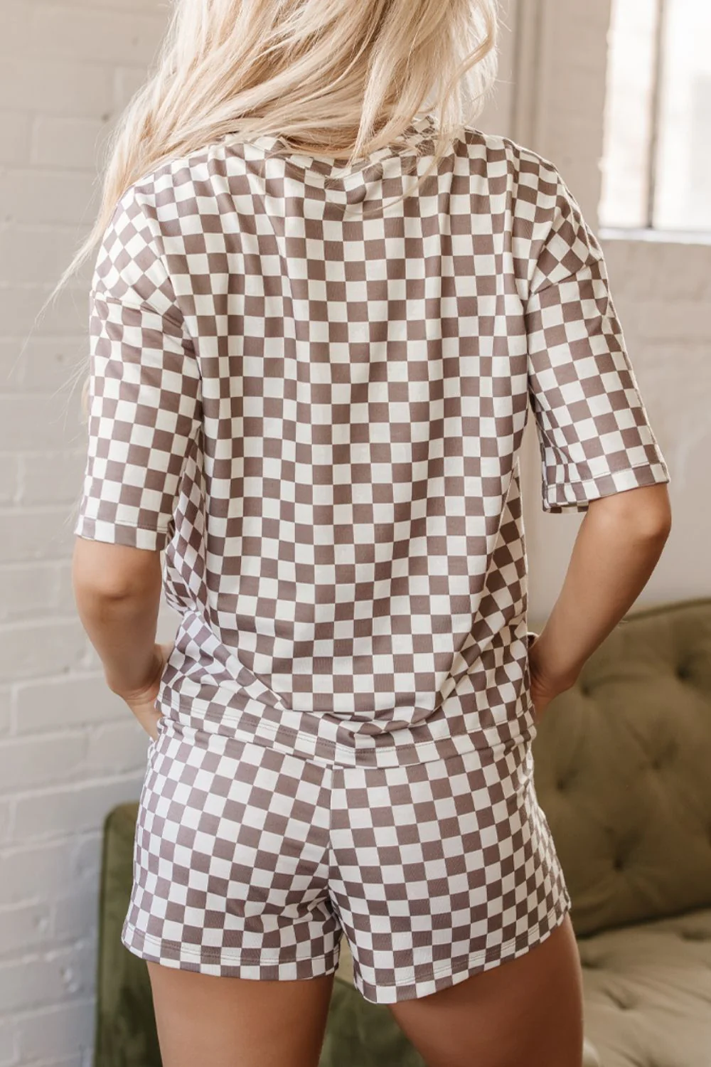 Checkered Round Neck Top and Shorts Set - Image 2