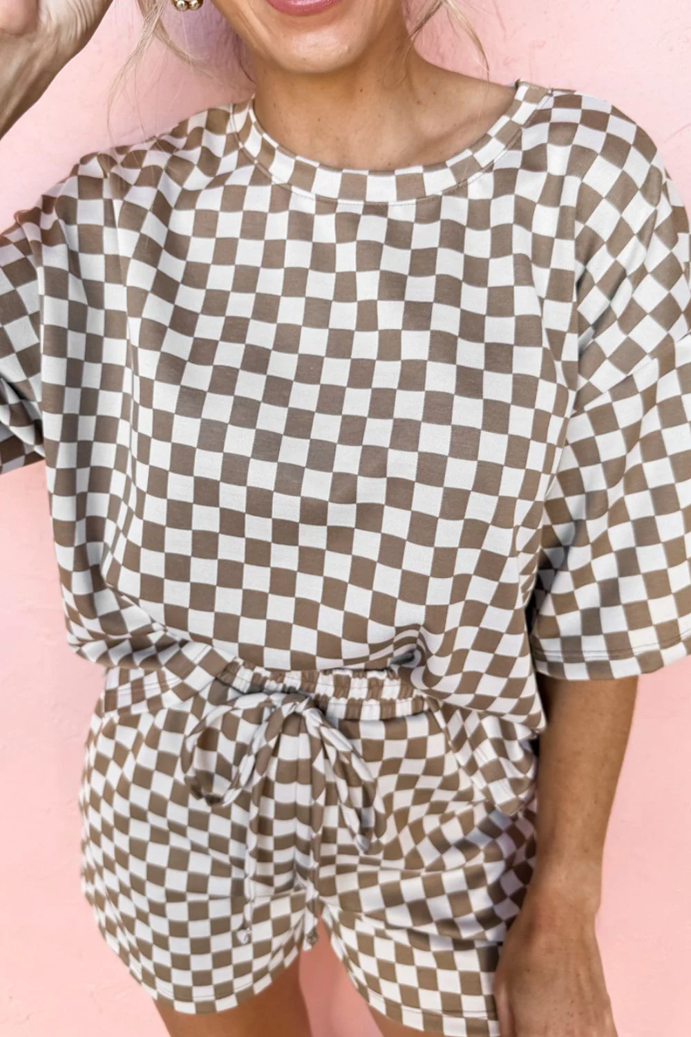 Checkered Round Neck Top and Shorts Set - Image 3