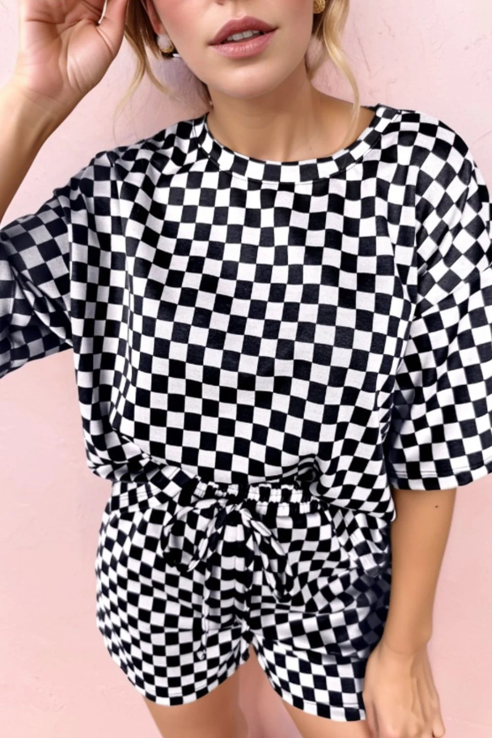 Checkered Round Neck Top and Shorts Set - Image 6