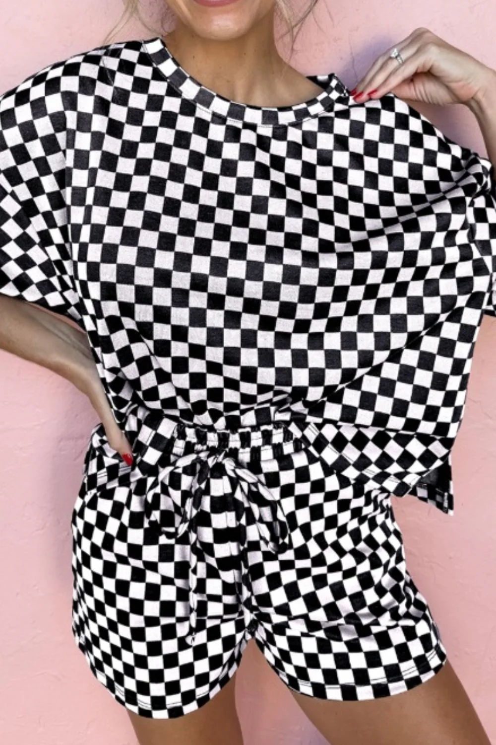 Checkered Round Neck Top and Shorts Set - Image 7