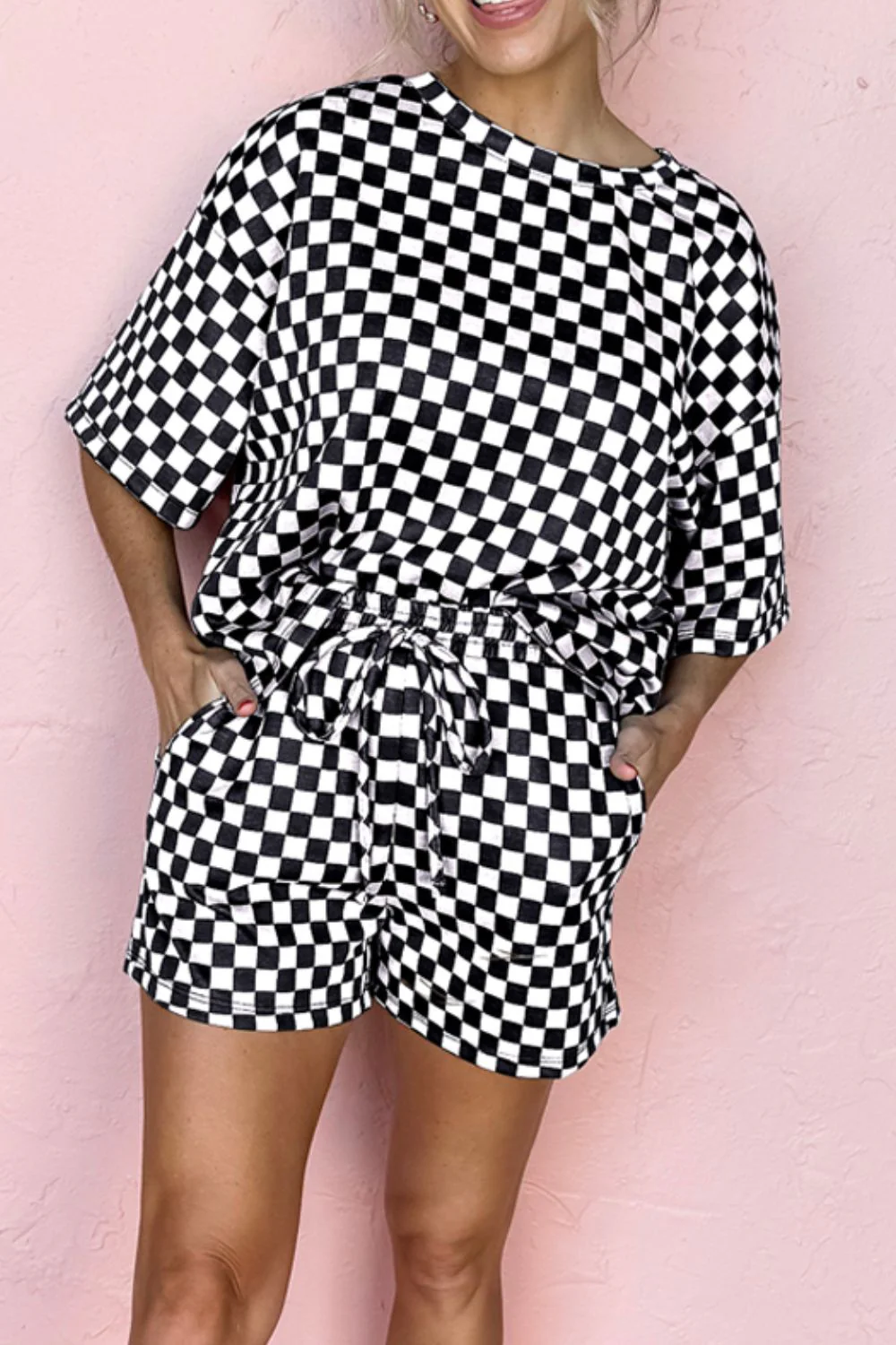 Checkered Round Neck Top and Shorts Set - Image 9