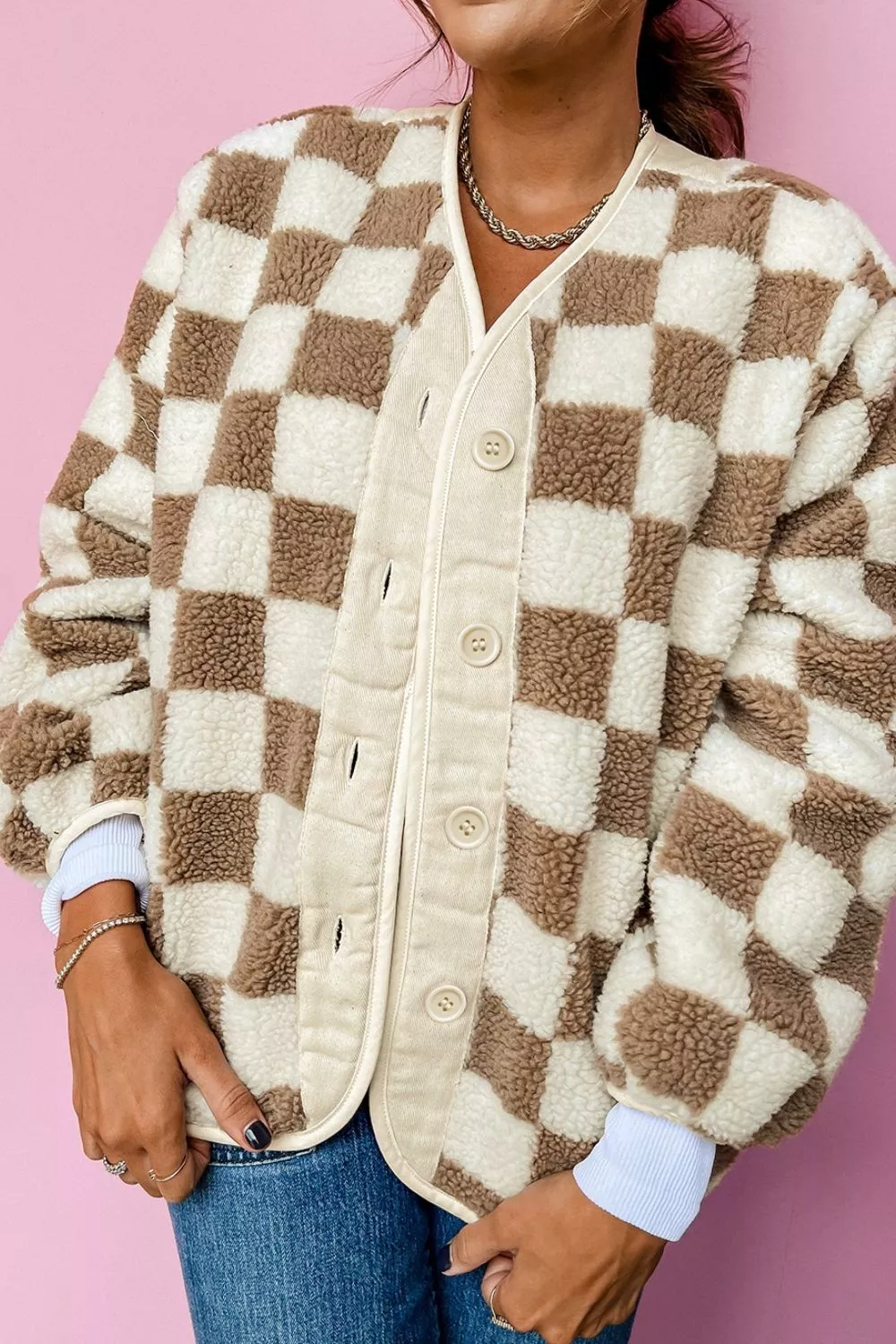 Checkered Sherpa Oversized Button Up Jacket - Image 3