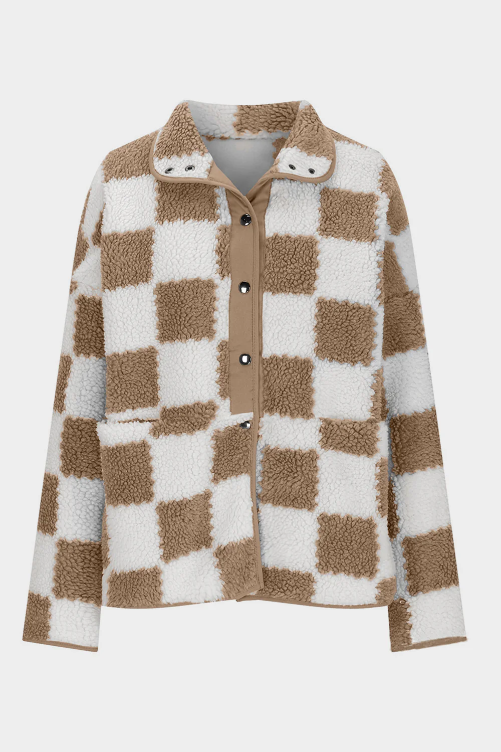 Checkered Snap Down Long Sleeve Teddy Jacket - Image 3