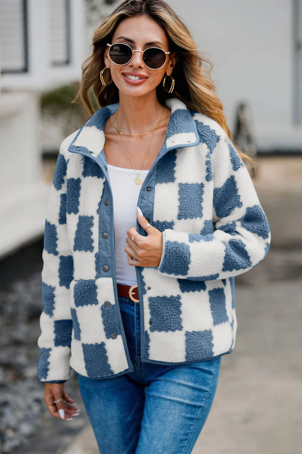 Checkered Snap Down Long Sleeve Teddy Jacket - Image 4