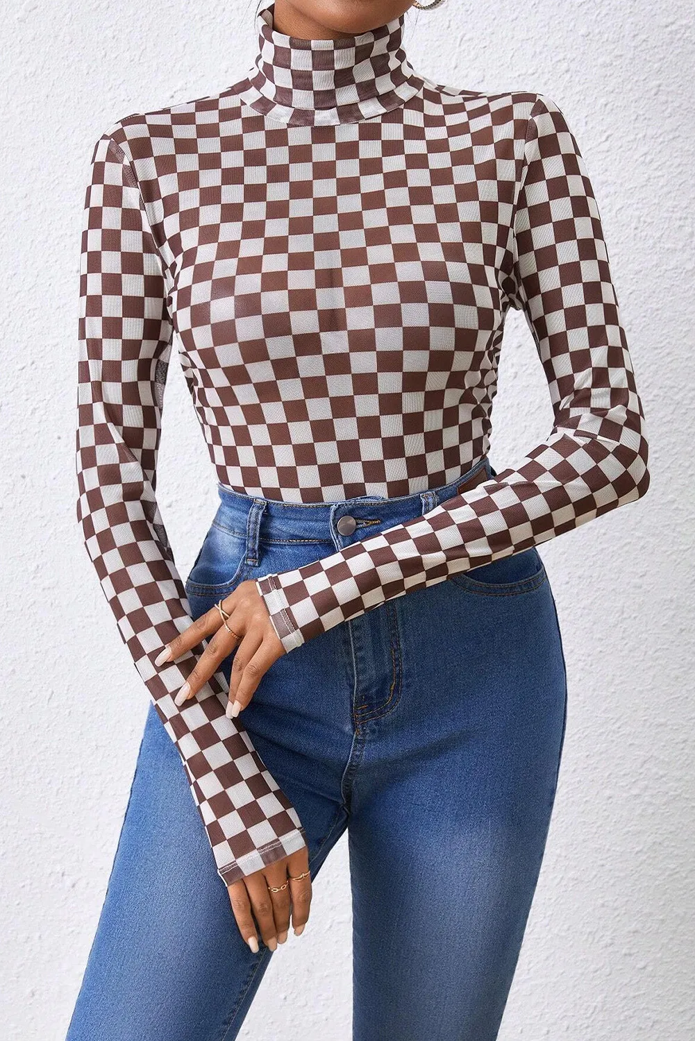 Checkered Turtleneck Long Sleeve Bodysuit - Image 4