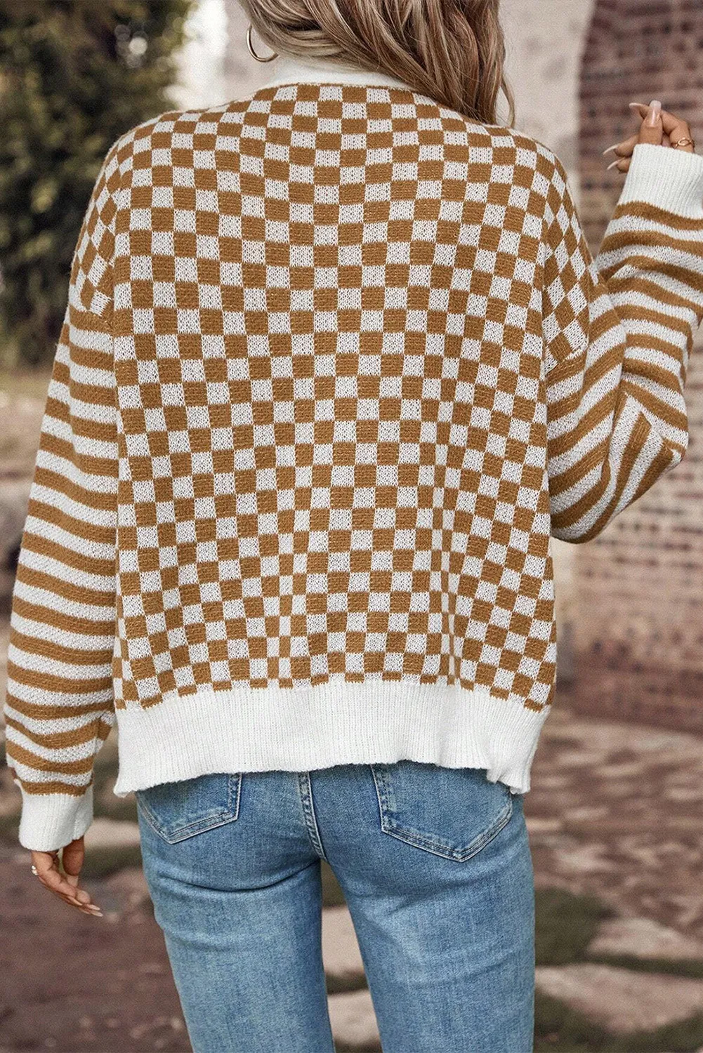 Checkered V-Neck Long Sleeve Cardigan - Image 2