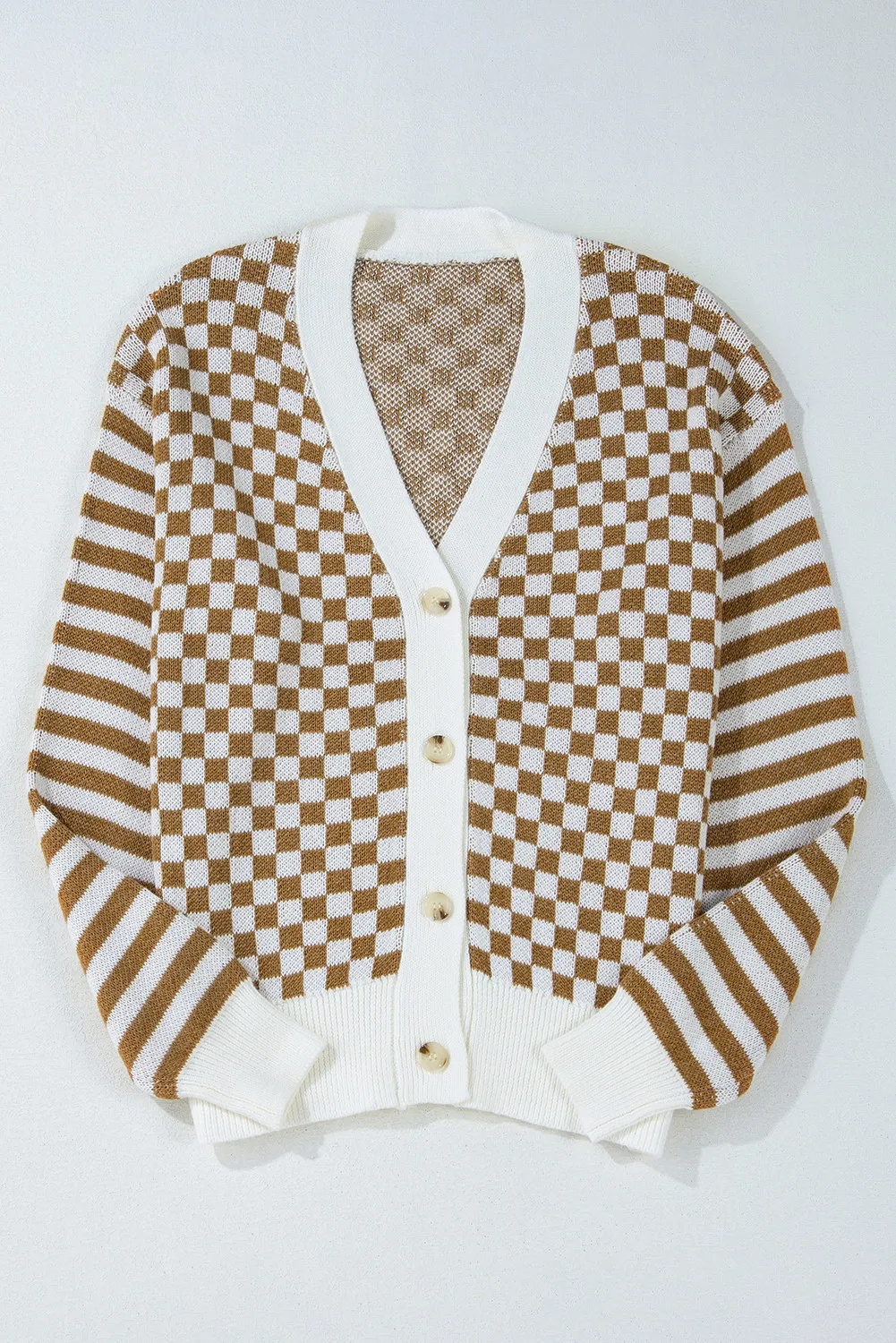 Checkered V-Neck Long Sleeve Cardigan - Image 3