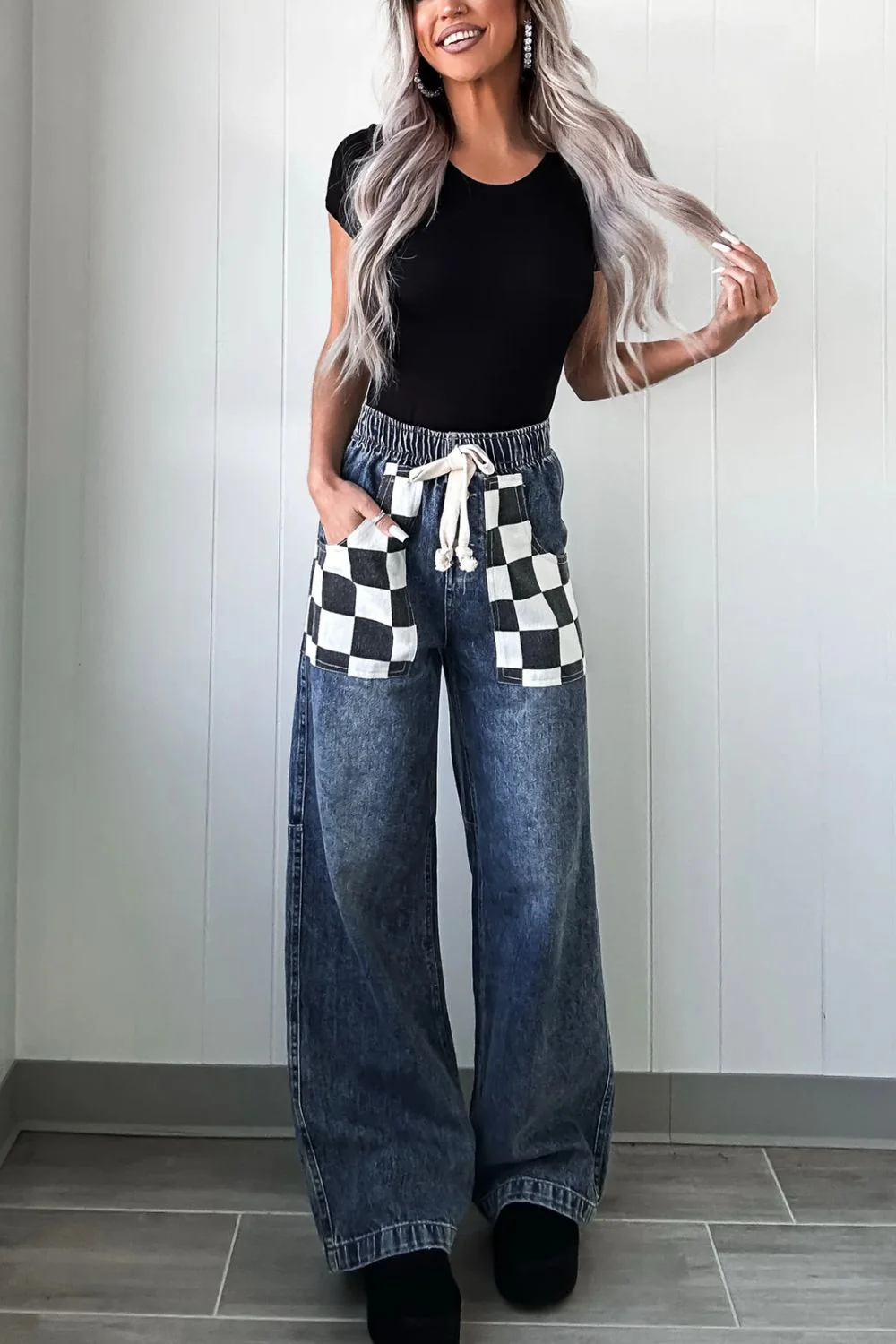 Checkered Wide Leg Jeans - Image 3