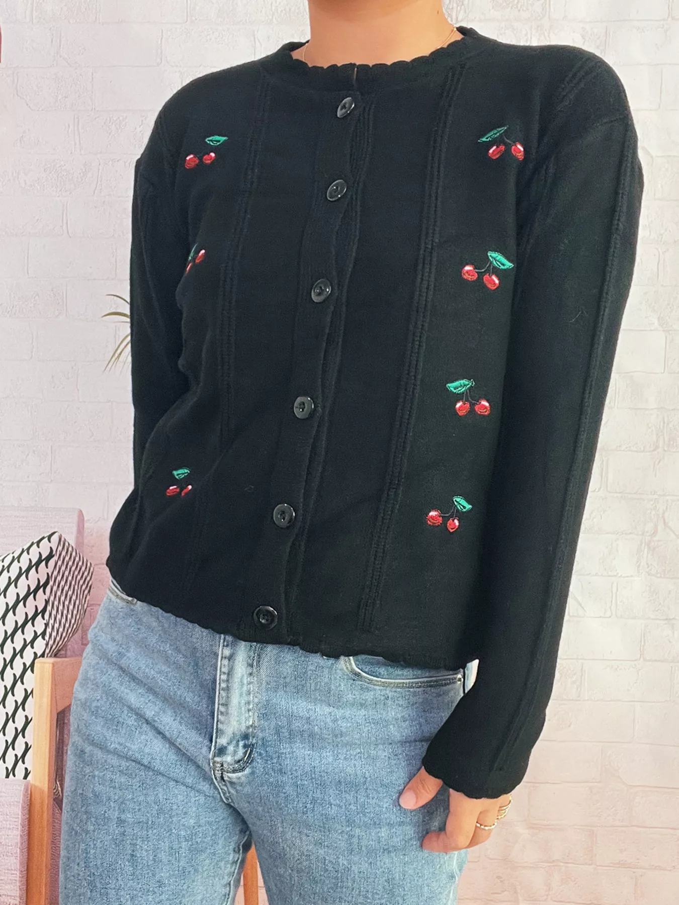 Cherry Embroidered Button Up Cardigan