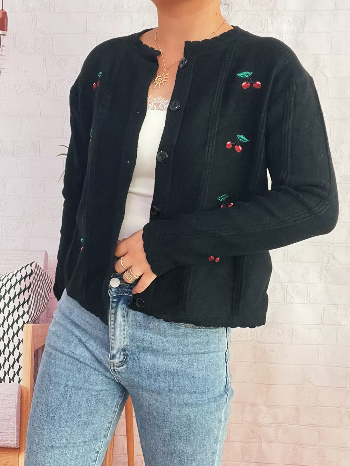 Cherry Embroidered Button Up Cardigan - Image 4