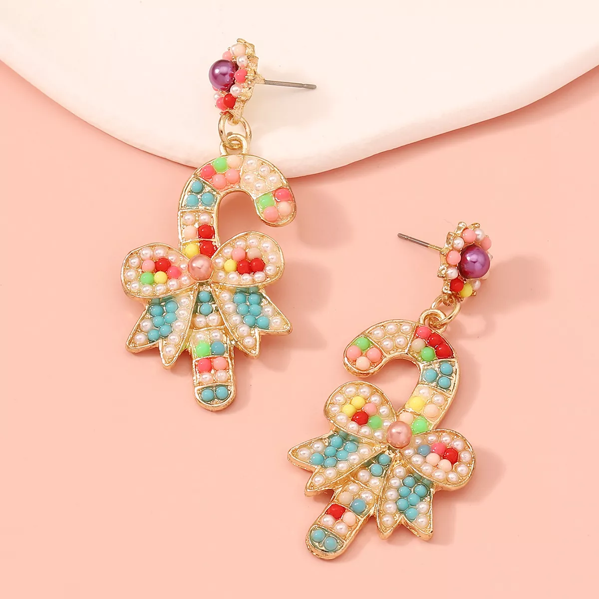 Christmas Candy Cane Bow Drop Earrings