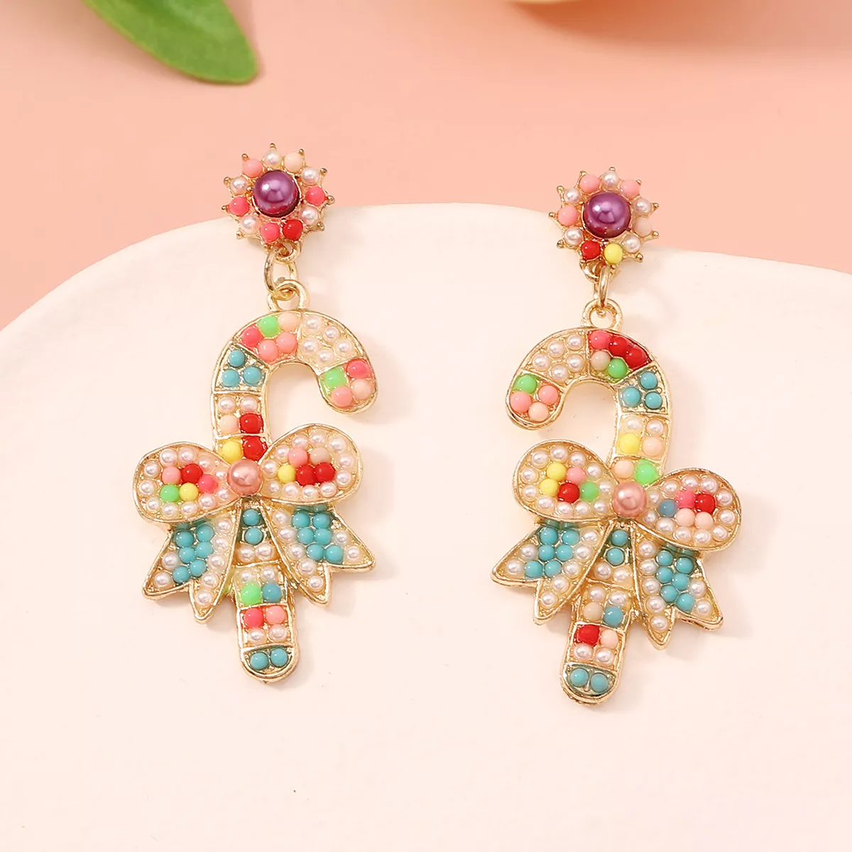 Christmas Candy Cane Bow Drop Earrings - Image 2